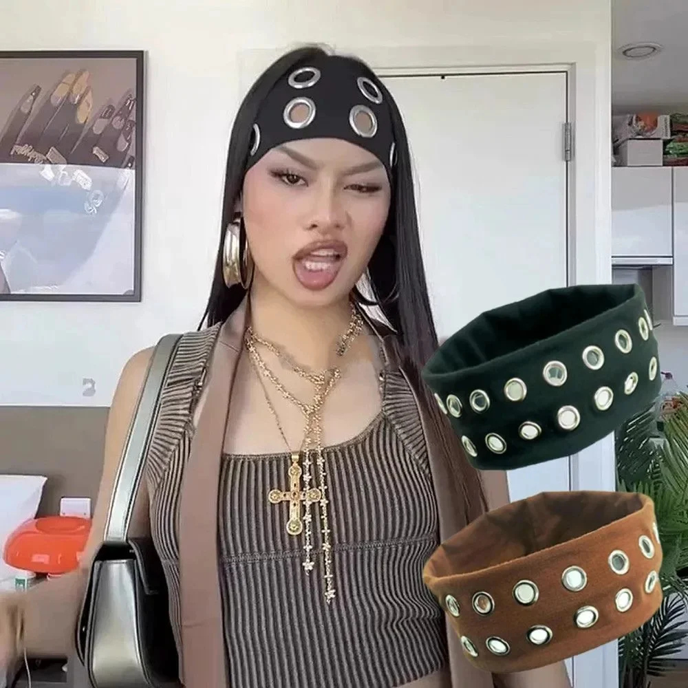 Harajuku Y2K Punk fille Punk Grunge oeillets évidés large bandeau coton bandeaux élastiques Steampunk gothique sport bandeaux
