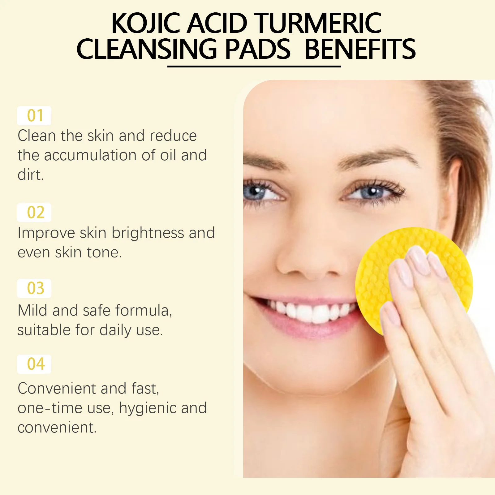 Hoygi 40pcs Turmeric Kojic Acid Cleansing Pad Oil Control Shrink Pores Exfoliating Fade Dark Spot Brighten Facial Washing Sponge