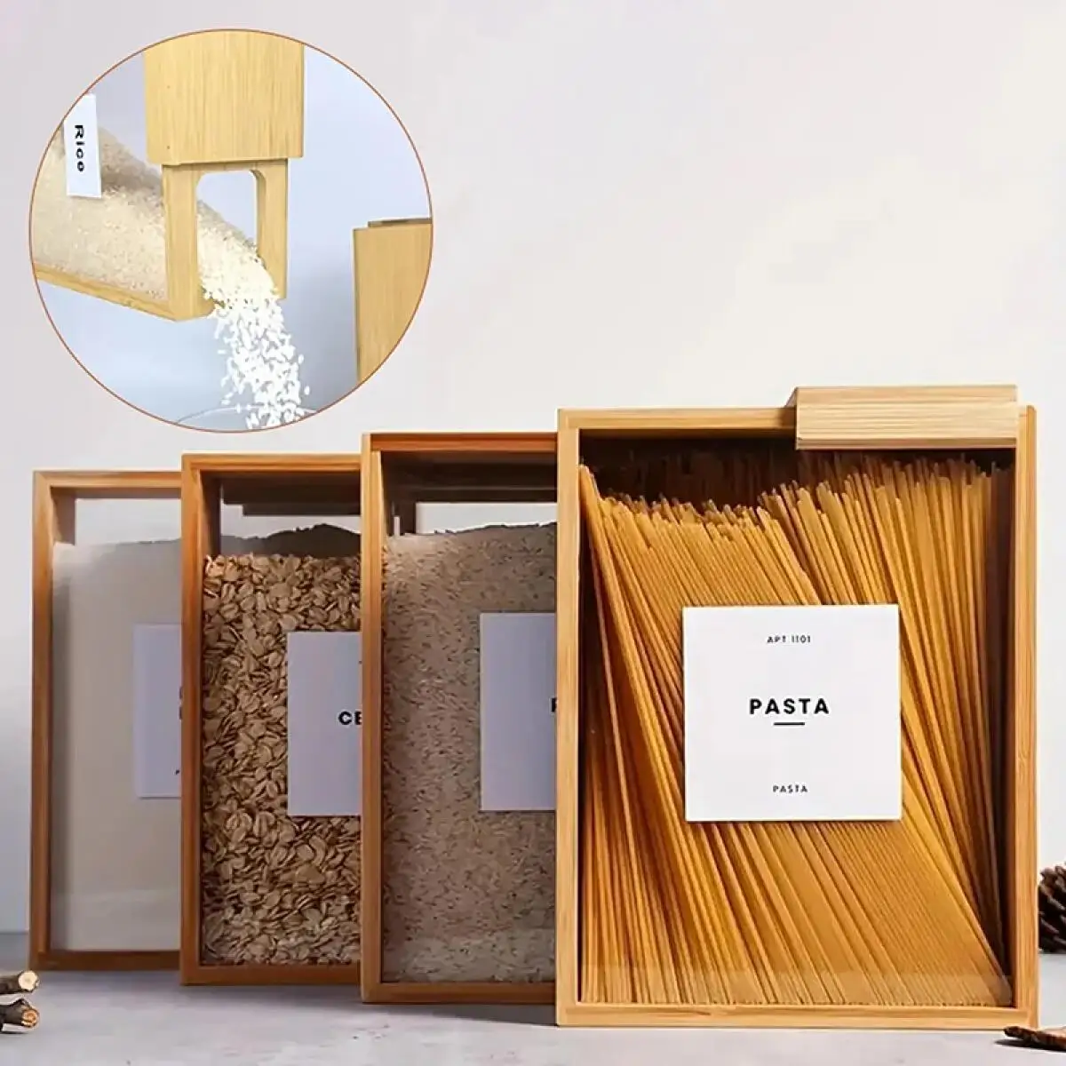 Rice Storage Container Bamboo Food Dispenser for Pantry Organization Kitchen Storage for Cereal Pasta Flour with Sealed Clear Acrylic Lid Transparent Sliding Lid Easy Access