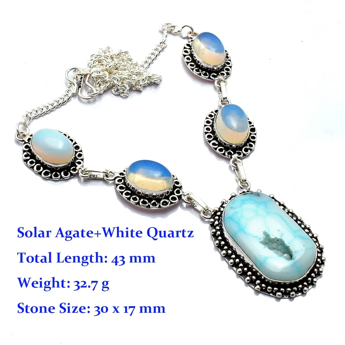 Genuine  Rose Quartz Solar Agate Solar Quartz Blue Topaz Peridot Citrine Coral Necklace  Silver Overlay Copper