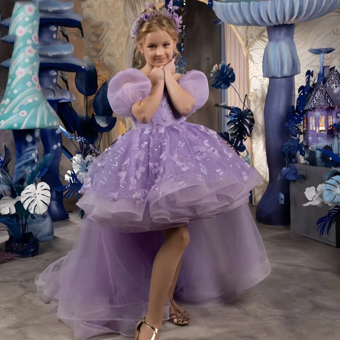 Dreamy Vow J779 Beautiful Applique Puff Sleeve Tulle Flower Dress With Trailing for Kids Wedding Birthday Party Pageant Prom