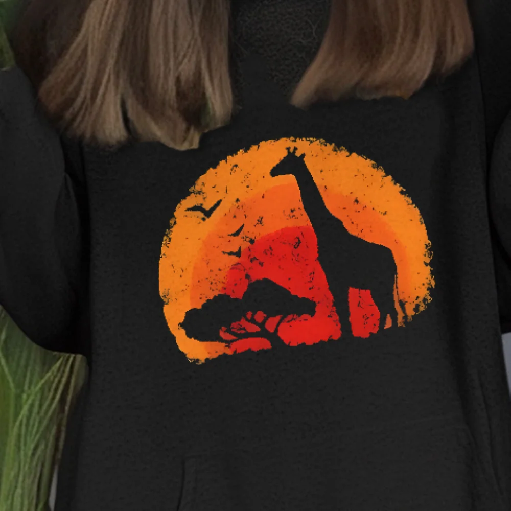 

Giraffe Sunset Hoodie Safari Inspired Art Print Fall Winter Casual Loose Long Sleeved Relaxing Bold Outdoor Cloth Wear Tops