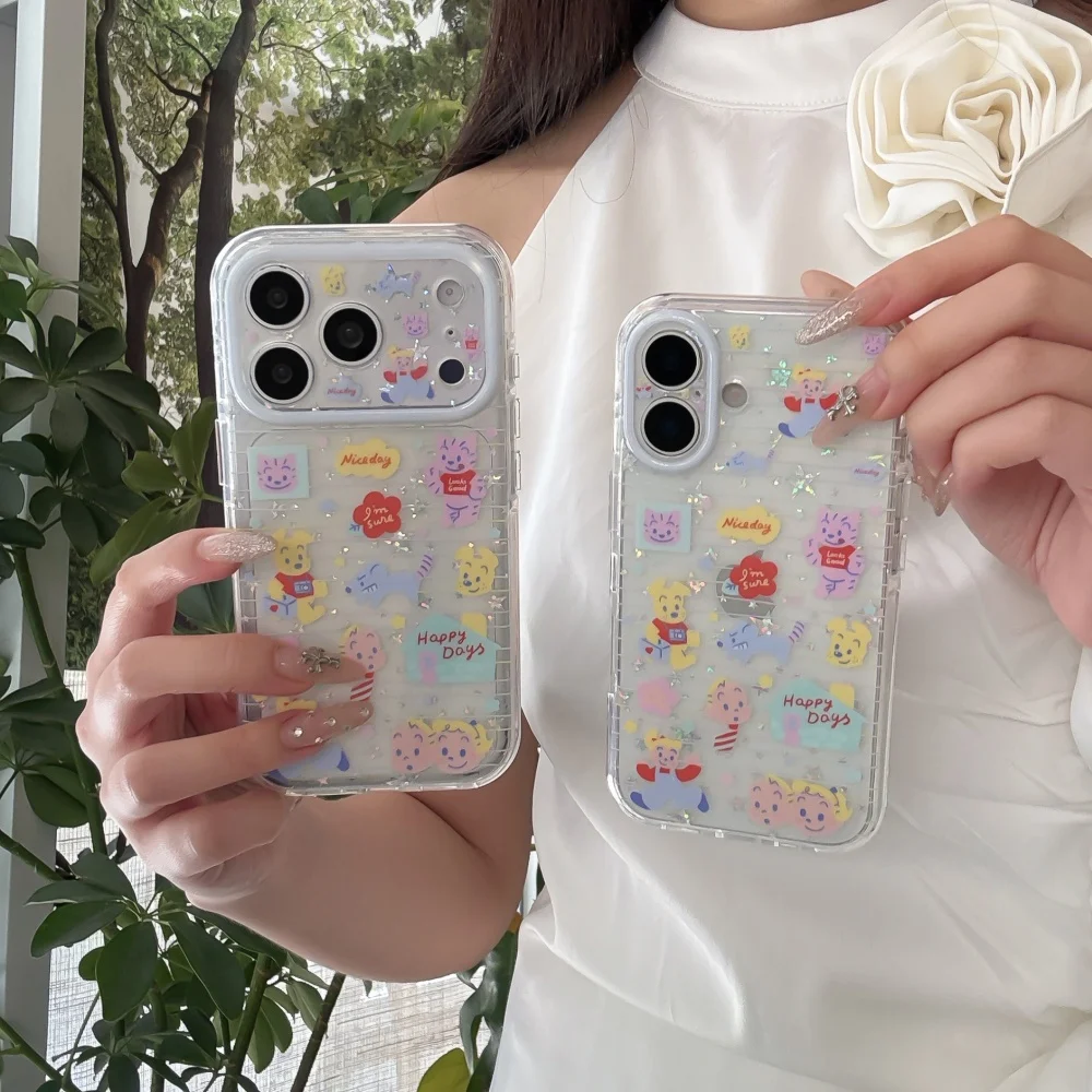 Kawaii Cartoon Character Striped Glitter Phone Case for iPhone 15 16 17 Pro Max 16 17 Pro Cute Anti‑Fall Protective Cover 15 Pro