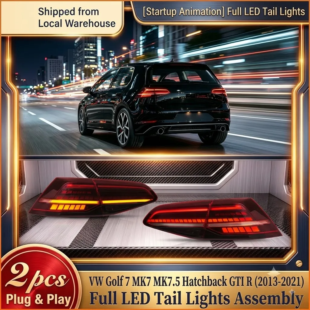 2 Stück LED-Rückleuchten-Set für VW Golf 7 MK7 MK7.5 Hatchback GTI R 2013-2021, E-Mark-zugelassene Rückleuchte, dynamischer sequenzieller gelber Blinker, DRL, Brems- und Rückfahrlicht, direkte