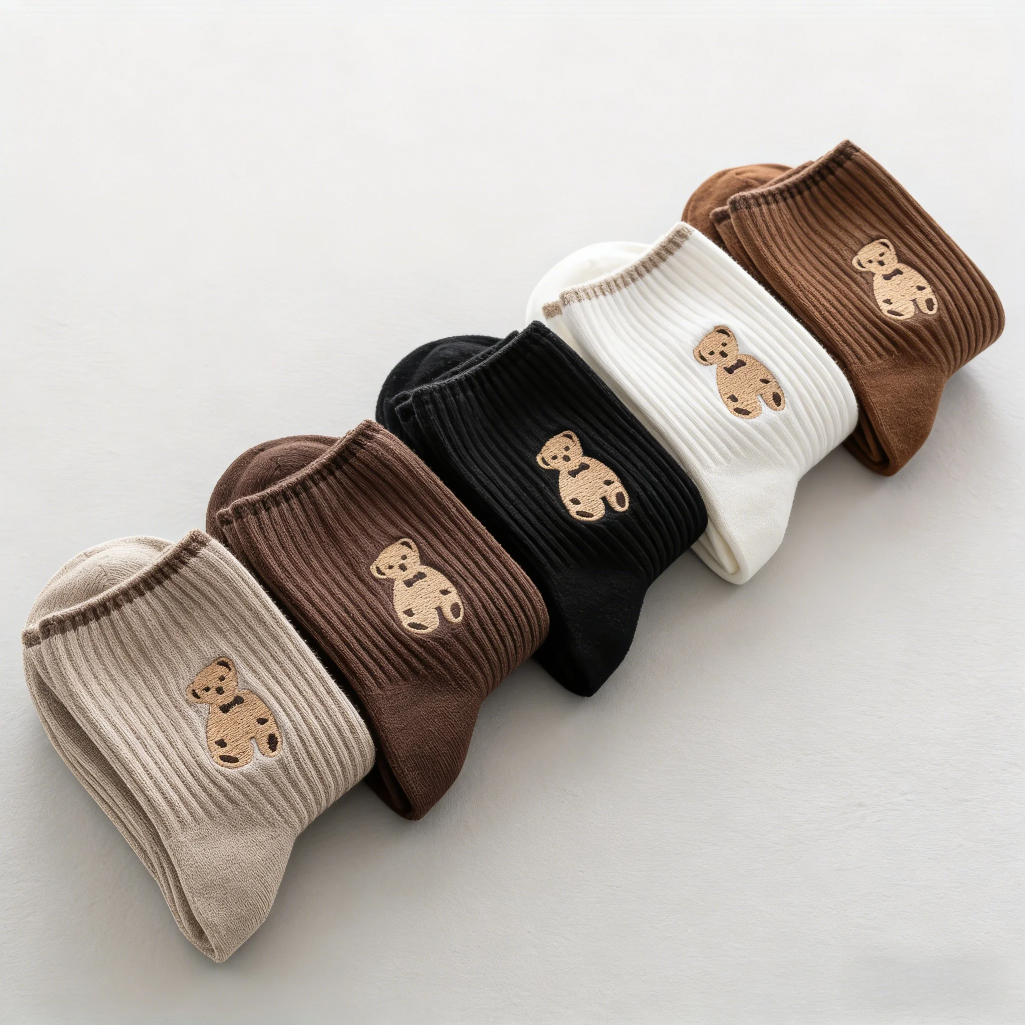 

5-Pair Teddy Bear Cartoon Socks: Soft & Stylish Novelty Crew Socks for Women and Children.