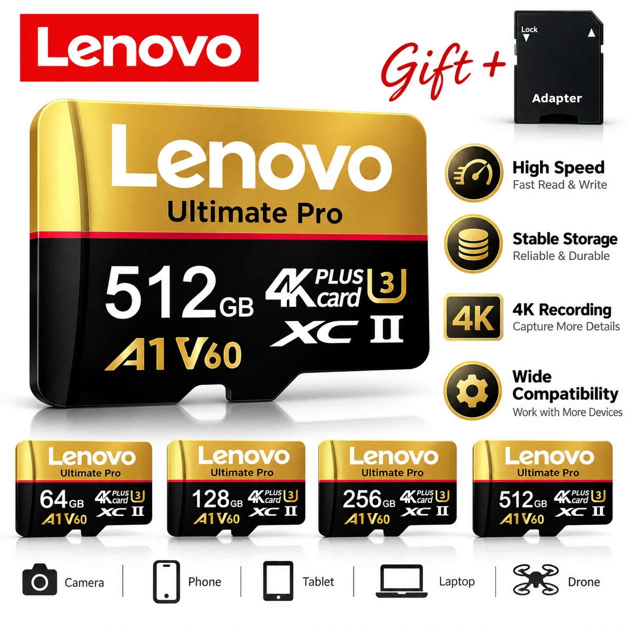 Lenovo MicroSD Card C10 Memory Card 32GB 64GB Class10 Memory TF Micro SD Card 128GB 256GB 512GB 1TB A1 U3 V30 4K For Dash Cam