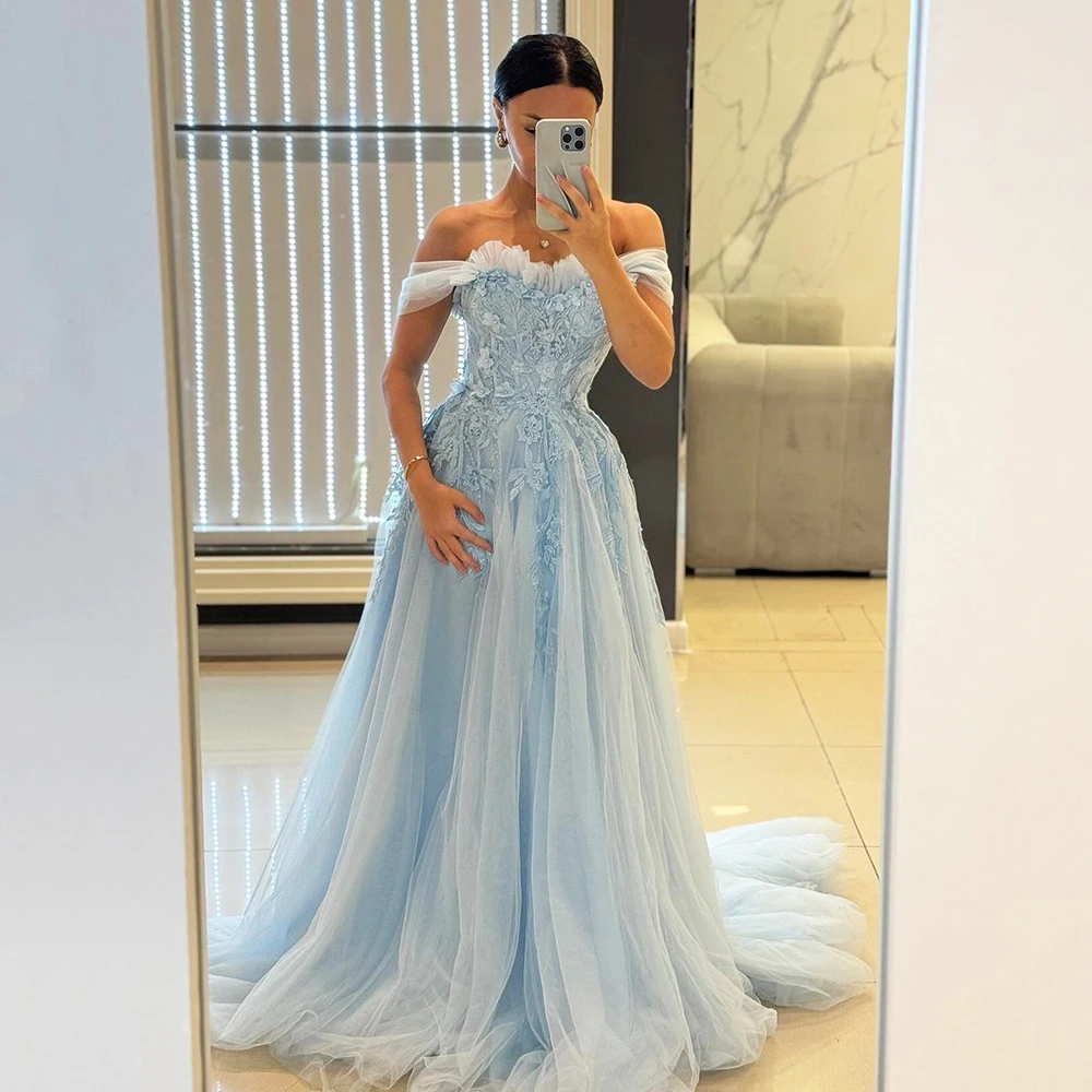 Msikoods Elegant Light Blue Customized Tulle Prom Dress Off Shoulder Floral Appliques Princess Women Evening Wedding Party Gown