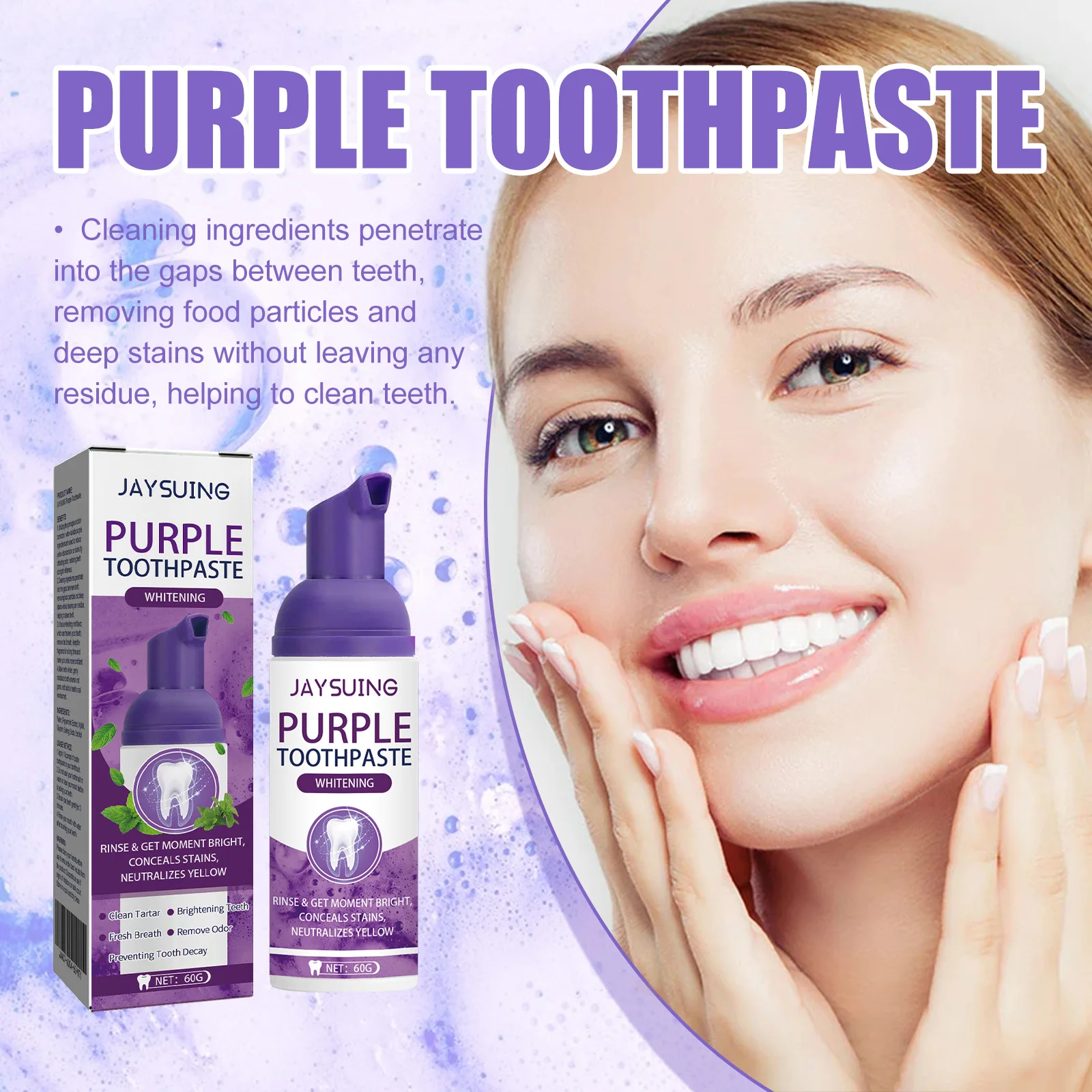 Jaysuing 60g Whitening Teeth Purple Toothpaste Oral Clean Tartar Plaque Refresh Hygiene Gum Care Dental Brightening Toothpaste