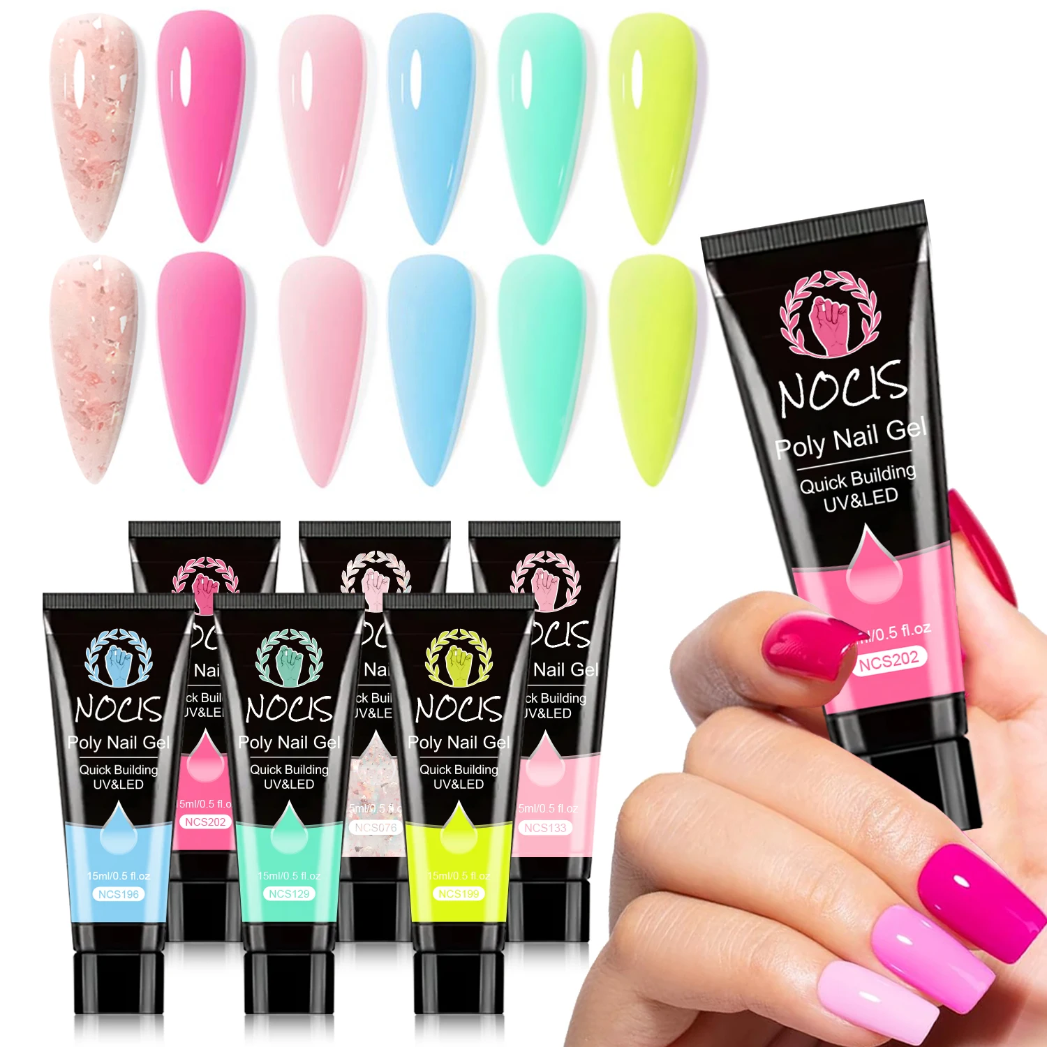 Kit de Uñas de Poly Gel NOCIS para Principiantes: 6 Colores Naturales Transparentes, Poly Gel para Uñas de Secado Rápido, Nutre las Uñas, Regalos, Arte de Uñas Diario, DIY, Salón