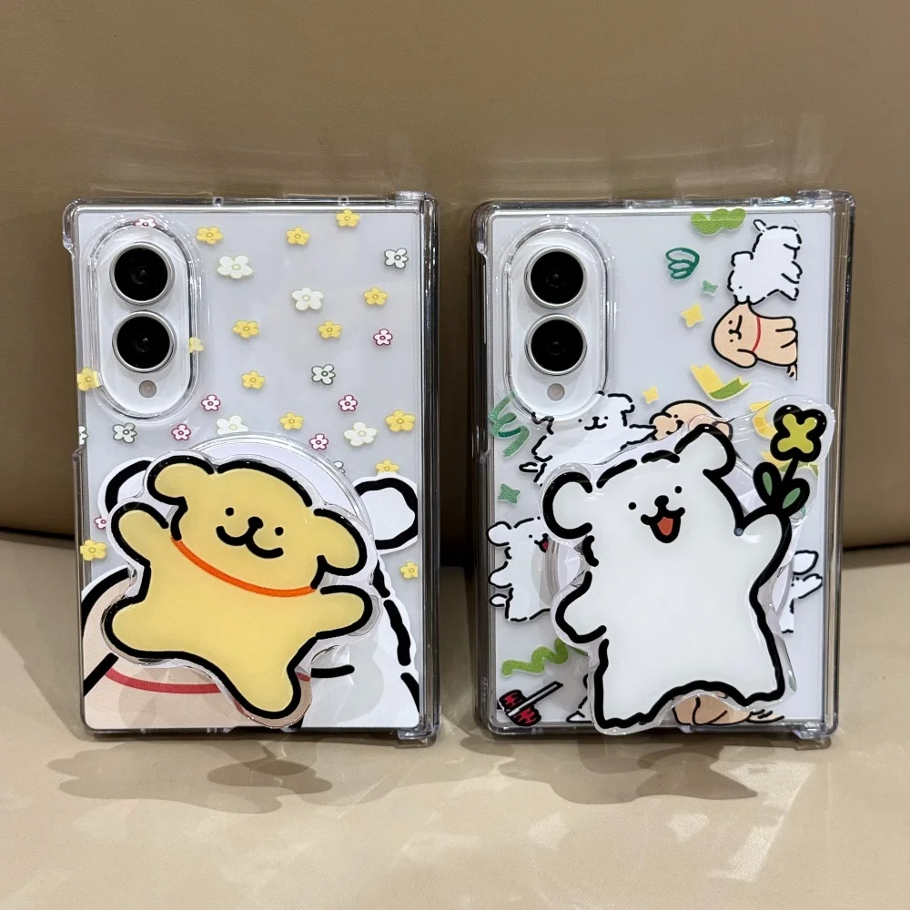 New Cute Cartoon Line Puppy Phone Case for Samsung Galaxy Z Fold 8, Fold 7 With MagSafe Holder Kawaii Anti‑Fall Protective Cover