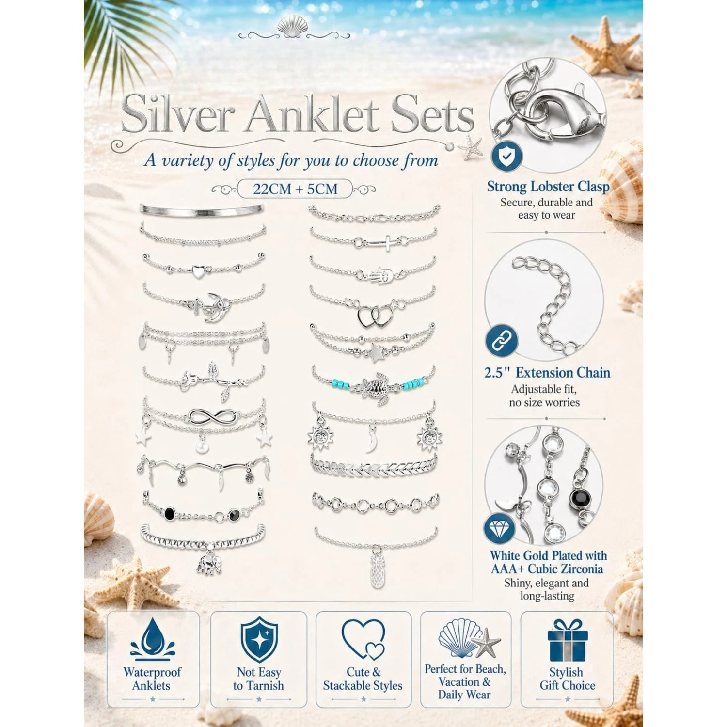 20Pcs Silver Plated Waterproof Non Tarnish Adjustable Stackable Layered Ankle Bracelets Anklets Set for Women Dainty Trendy Foot Jewelry Summer Beach Pool Swimming Cruise Trip Holiday Birthday Anniversary Gift Fashion Accessories