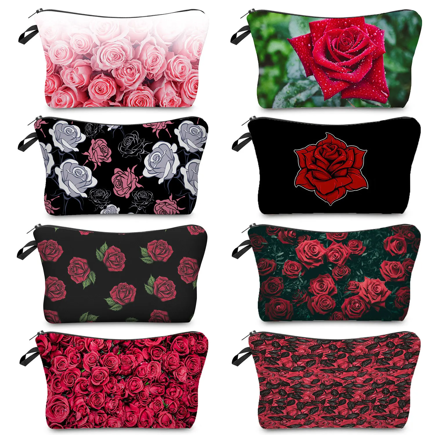 Bright Red Rose Print Cosmetic Bags Heat Transfer Fashion Women's Makeup Bag Pretty Gift Coin Purse Portable Pencil Case Zipper