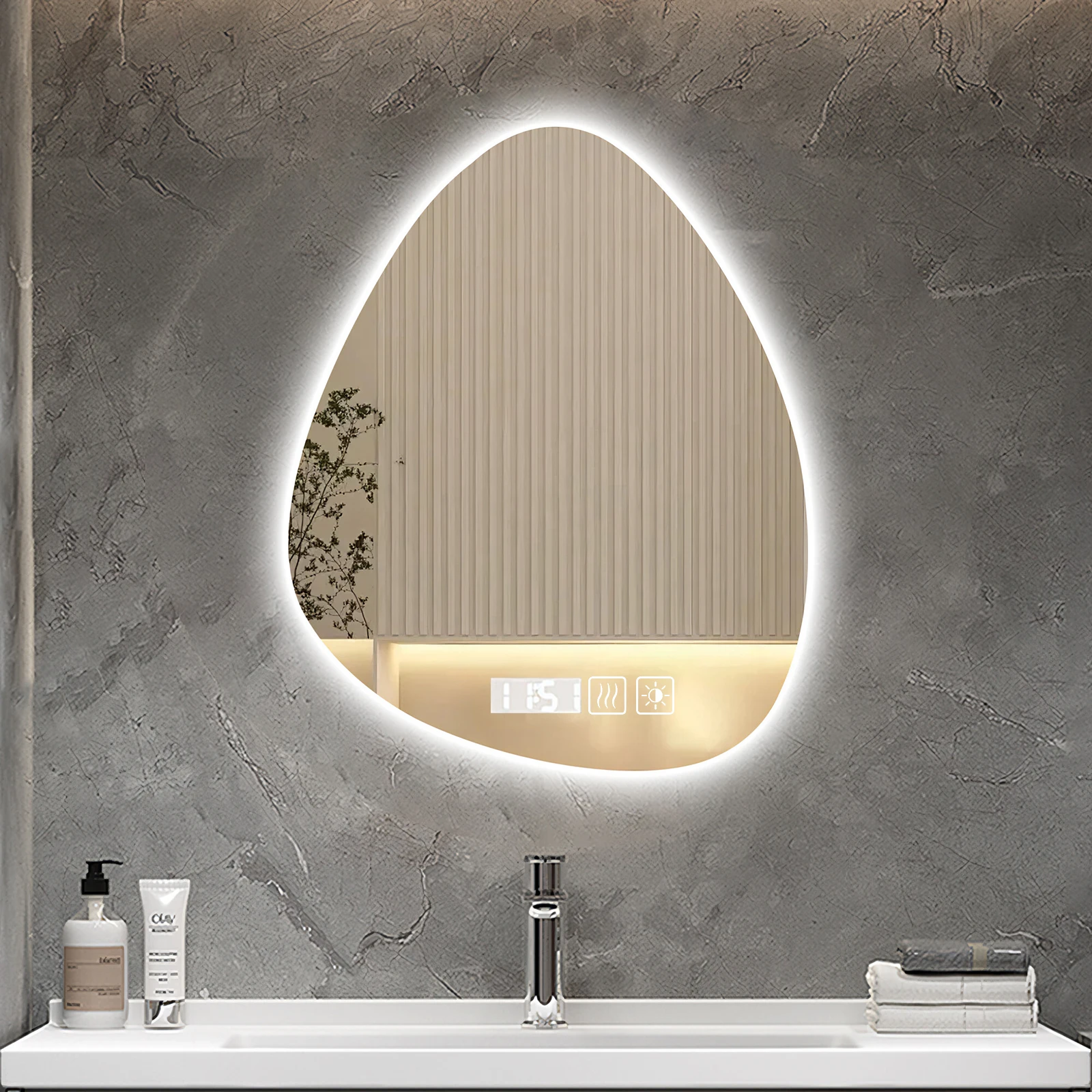Specchio da Bagno di Forma Irregolare con Luce LED 50X70Cm, Antiappannamento, Controllo Touch, 3 Temperature di Colore, Risparmio di Luminosità, Specc