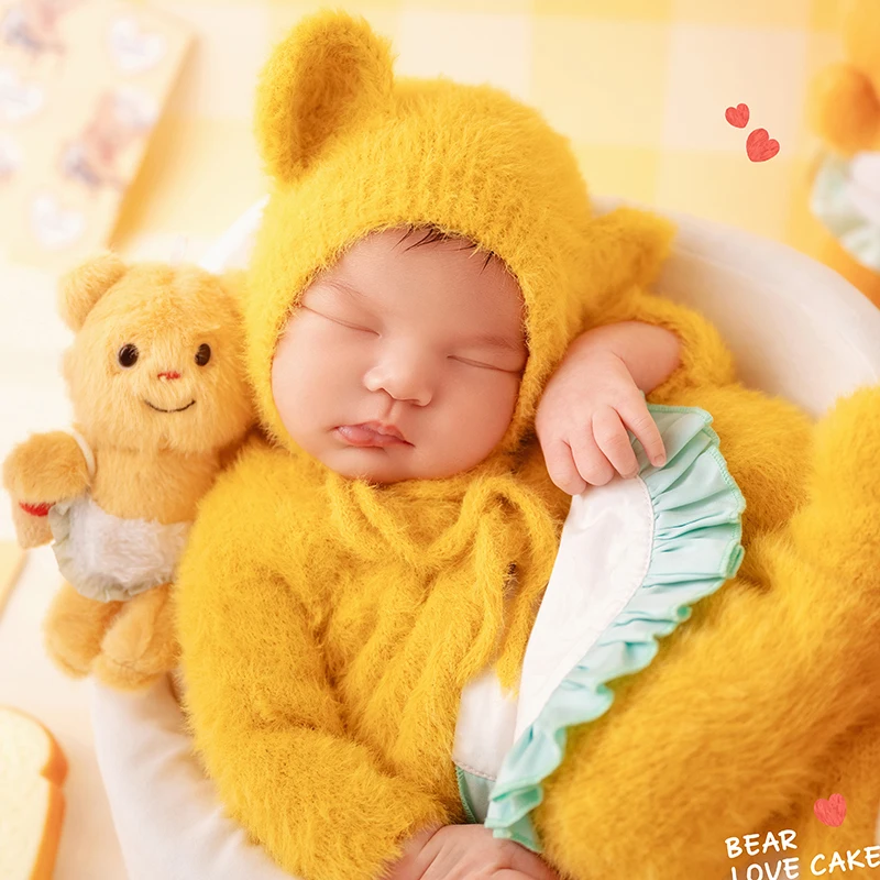 الوليد التصوير المشهد الدعائم الطفل بذلة + قبعة الدب الدمى استوديو 0-1 شهر الطفل لطيف الأصفر الدب صور موضوع الدعامة الملحقات