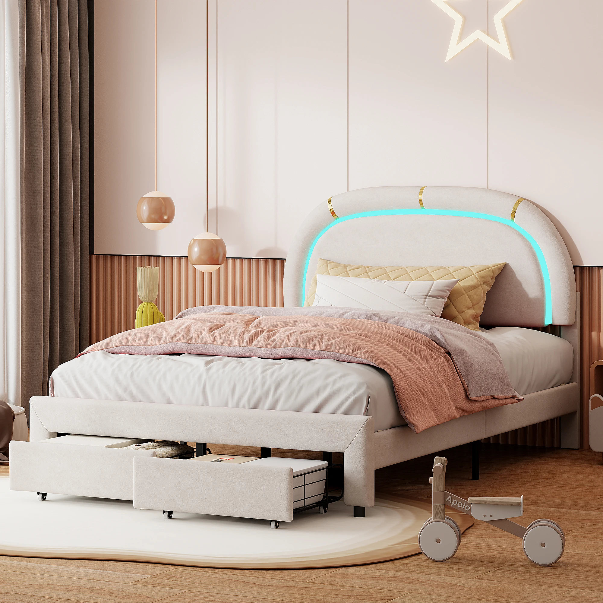 Cama doble LED para niños, marco de cama tapizado con marco de listones y cabecero ajustable, cama de franela para adolescentes, 140x200cm
