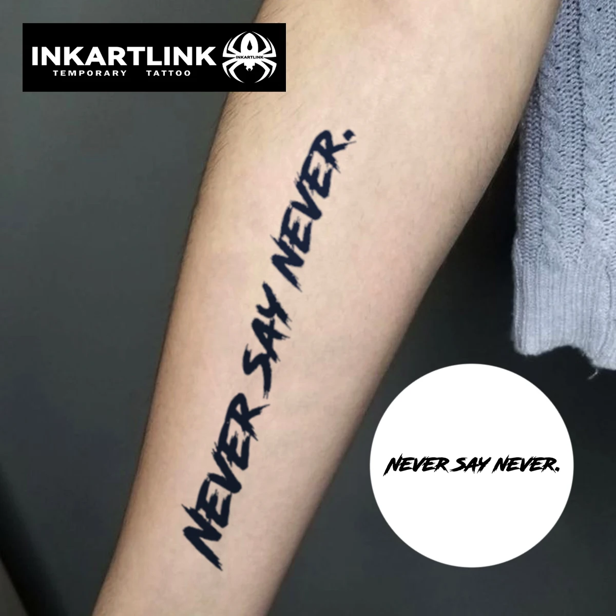 INKARTLINK Inspirational English Tattoo Stickers 1-2 Weeks Lasting 'NEVER SAY NEVER' Handwritten Brush Body