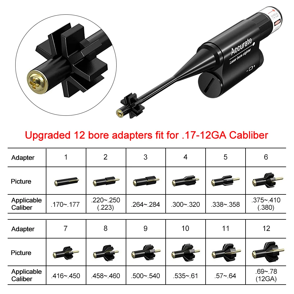 Tactical Laser Bore Sight Kit for .177 to 12GA Caliber Red Dot Boresighter for Hunting Rifles Pistol Barrel with 12 Bore Adapter