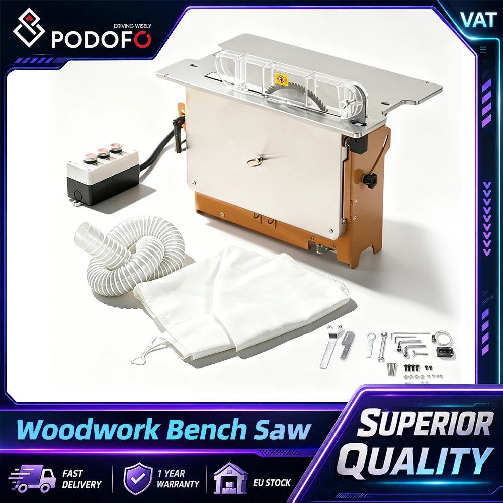 Podofo Nouvelle Scie à Table Manuelle Multifonctionnelle pour le Travail du Bois, Double Scie 220V avec Aspiration des Débris, Scie à Table 5.4 KW, Scie de Banc avec Lames Doubles de 8 et 4 Pouces, 0-45° °   Coupe en biseau pour le travail du bois, la fabrication d'armoires, la fabrication de meubles