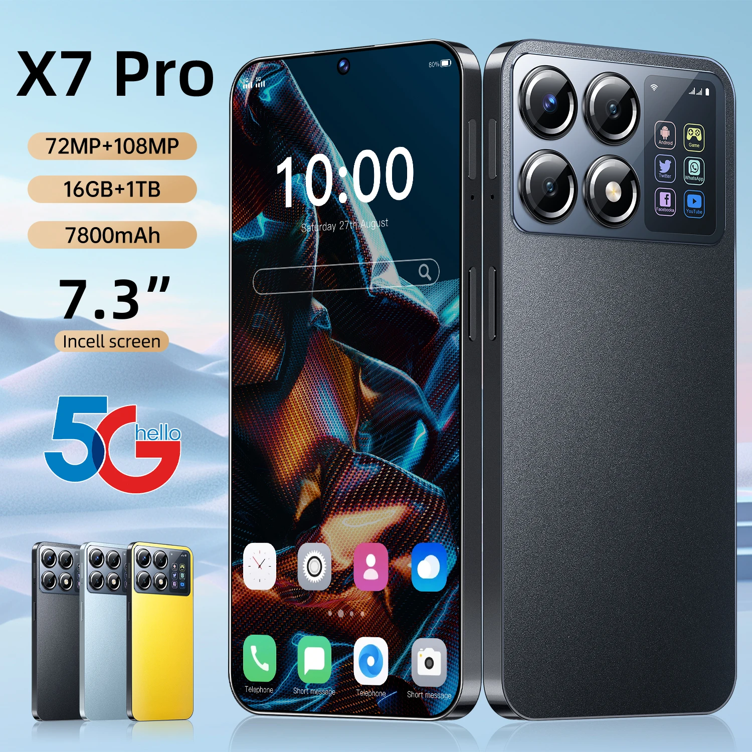 

Global Version 2025 X7 Pro Smartphone 7.3 '' Full Screen 4G/5G Cell Phone 16TB+1TB 7800mAh Mobile Phones 108MP Celulares