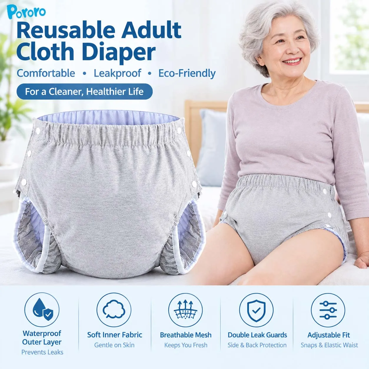 Reusable Washable Adult Cloth Diaper Adjustable Snap Incontinence Pants Leakproof Breathable Comfortable Elderly Care Underwear