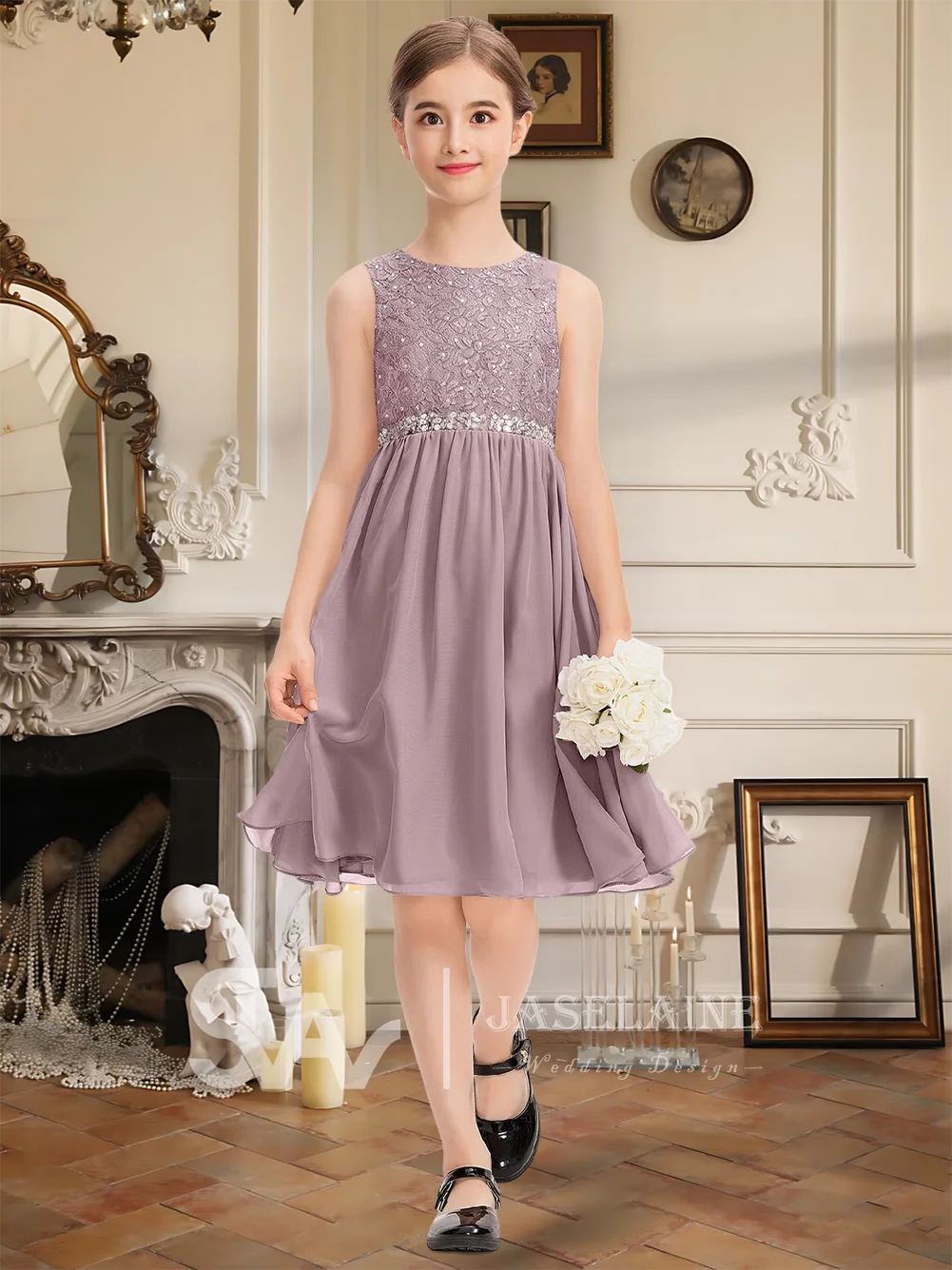 Elegant Junior Bridesmaid Dress Chiffon Lace Beading Scoop Flower Girl Dress With Bow Knee-Length A Line Wedding Party Gowns