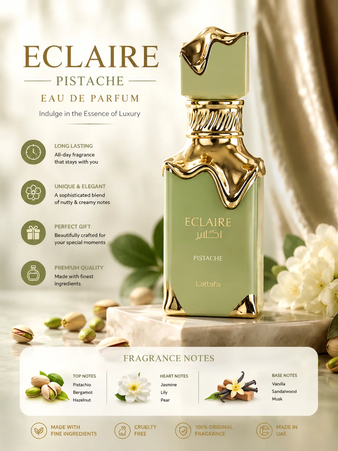 Lattafa Eclaire Pistache Eau de Parfum Spray 3.4 Ounce - Gourmand Nutty Creamy Musky Long-Lasting Fragrance for Women