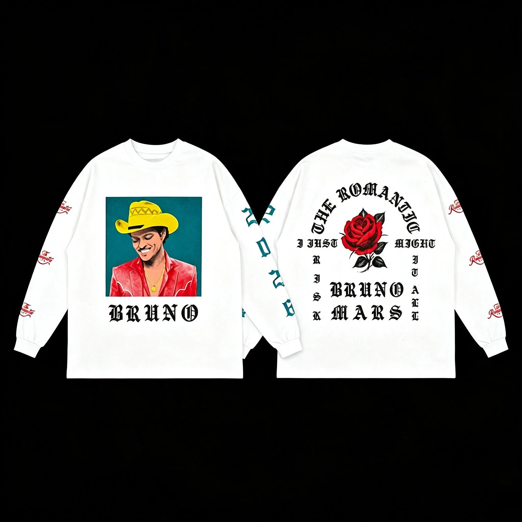 Bruno Mars Portrait Rose Graphic Crewneck Sweatshirt Vintage Gothic Print Pullover HipHop Streetwear Fan Top For Kids Adults