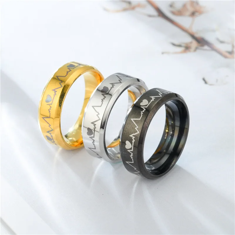 6mm      Punk Rings Men/Women Titanium Steel Black Electrocardiogram Wave heartbeat Ring Fashion Jewelry Simple Style