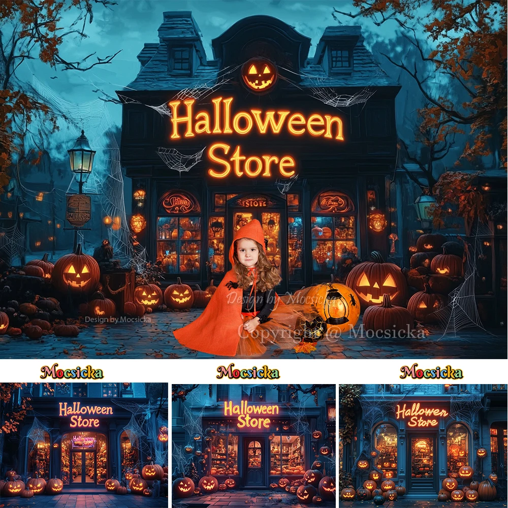 

Halloween Store Night Photography Backgrounds for Kid Birthday Holiday Party Scary Pumpkin House Spider Web Backdrop Decor Photo