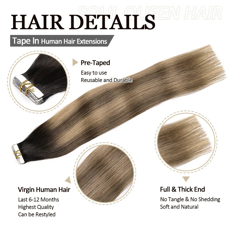 Tape in Hair Extensions Ombre Color 2/6/18 Brown Blonde Tape in Human Hair Extensions Straight Seamless Hair Extensions 50g 20pc
