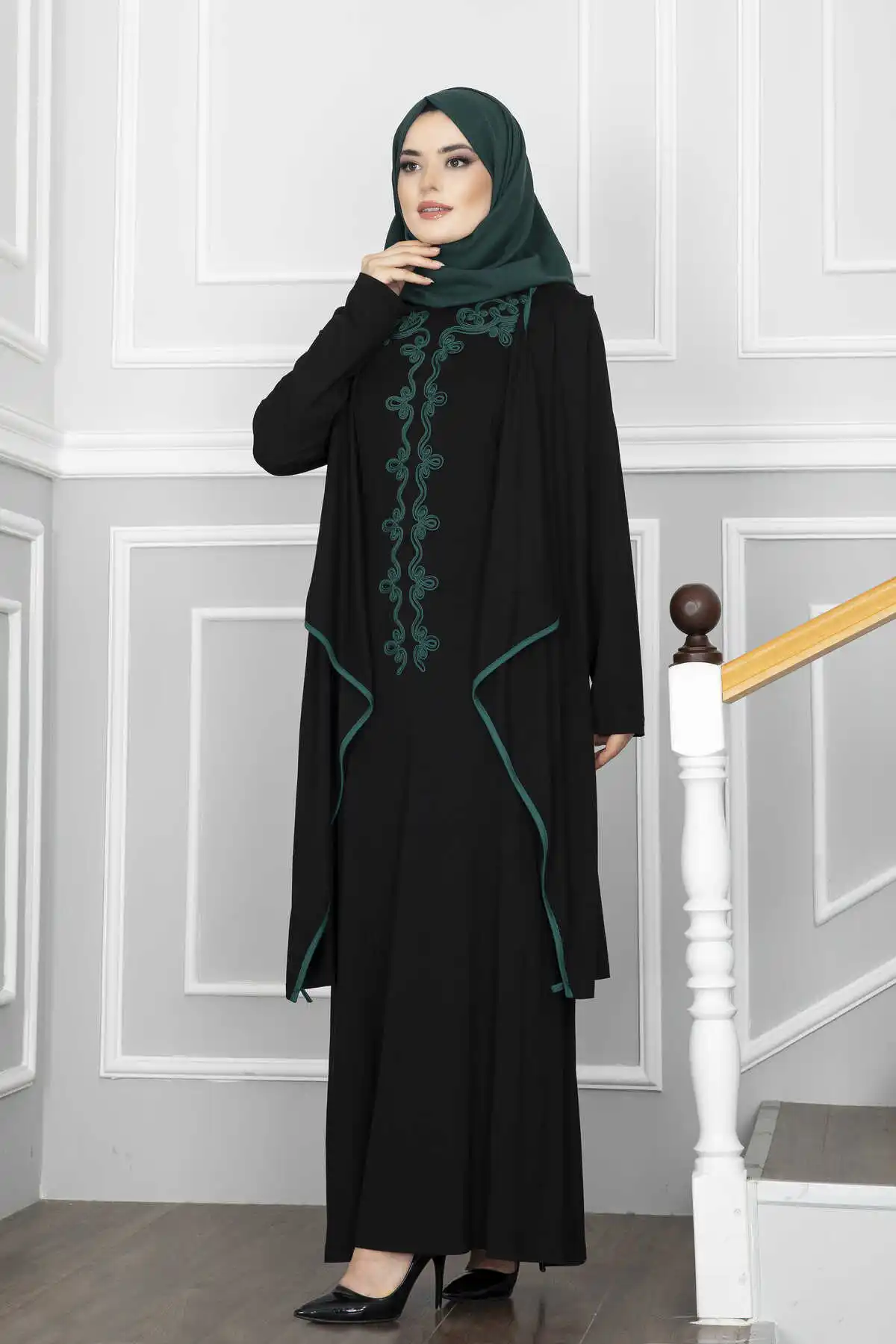 Women Clothing Vest Look Combed Hijab Dress Abaya Muslim Long Sleeve Maxi Lace Polka Dot Stitch Islamic Middle East Dubai Kaftan