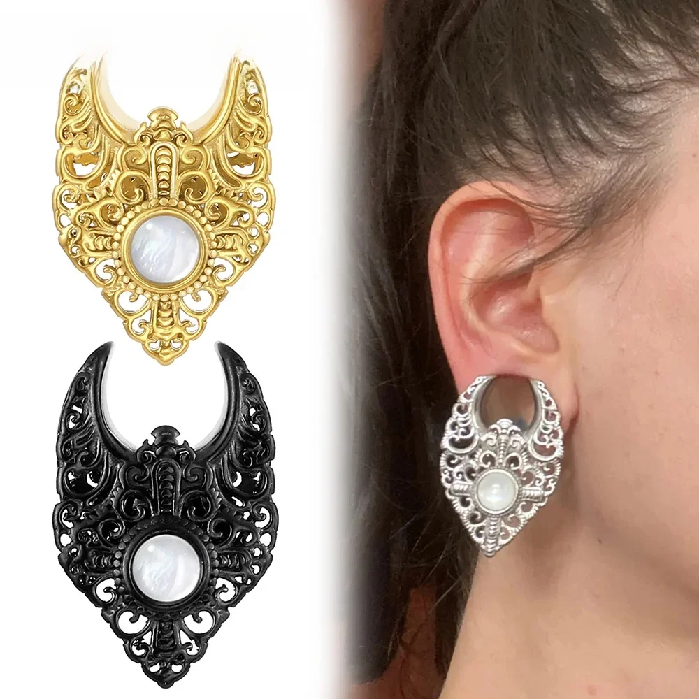 Twolobes 2 szt. Kwiatowa muszla Vintage eleganckie zatyczki siodłowe tunele wskaźniki rozciągnięty płatek przekłuwanie uszu kobiety biżuteria do ciała — zdjęcie 2