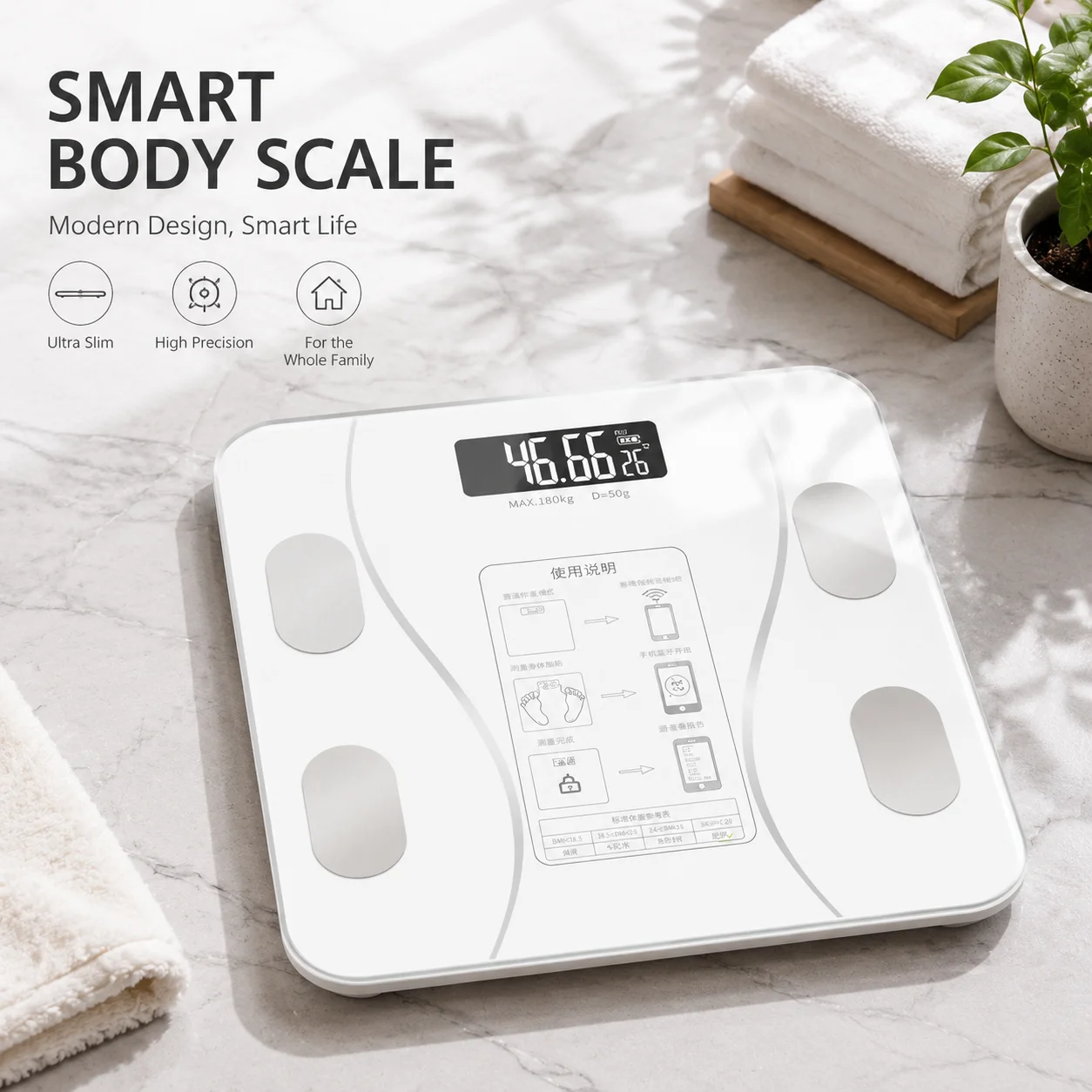 Smart Body Scale with Rechargeable Battery, Digital Bathroom Scale Bluetooth Weight Scale for Adults, High Accuracy Fitness Scale with App Connection