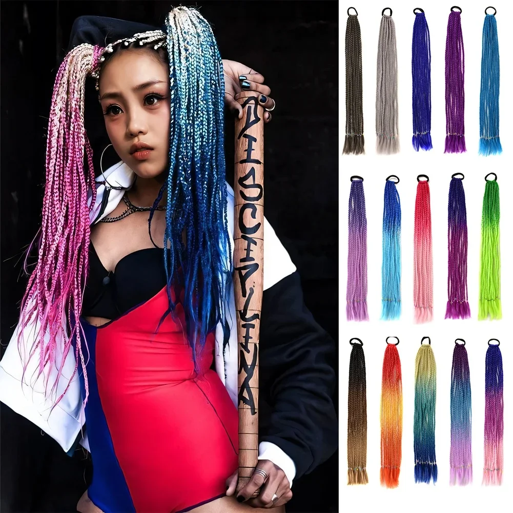 Queue de cheval tressée colorée pour femmes et filles, extension de cheveux synthétiques, tresses de documents arc-en-ciel, queue de cheval avec bande élastique, 24 amarans