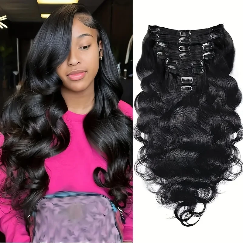 Extensions de cheveux à clipser Body Wave pour femmes, vrais cheveux humains, document noir naturel, 100% cheveux humains