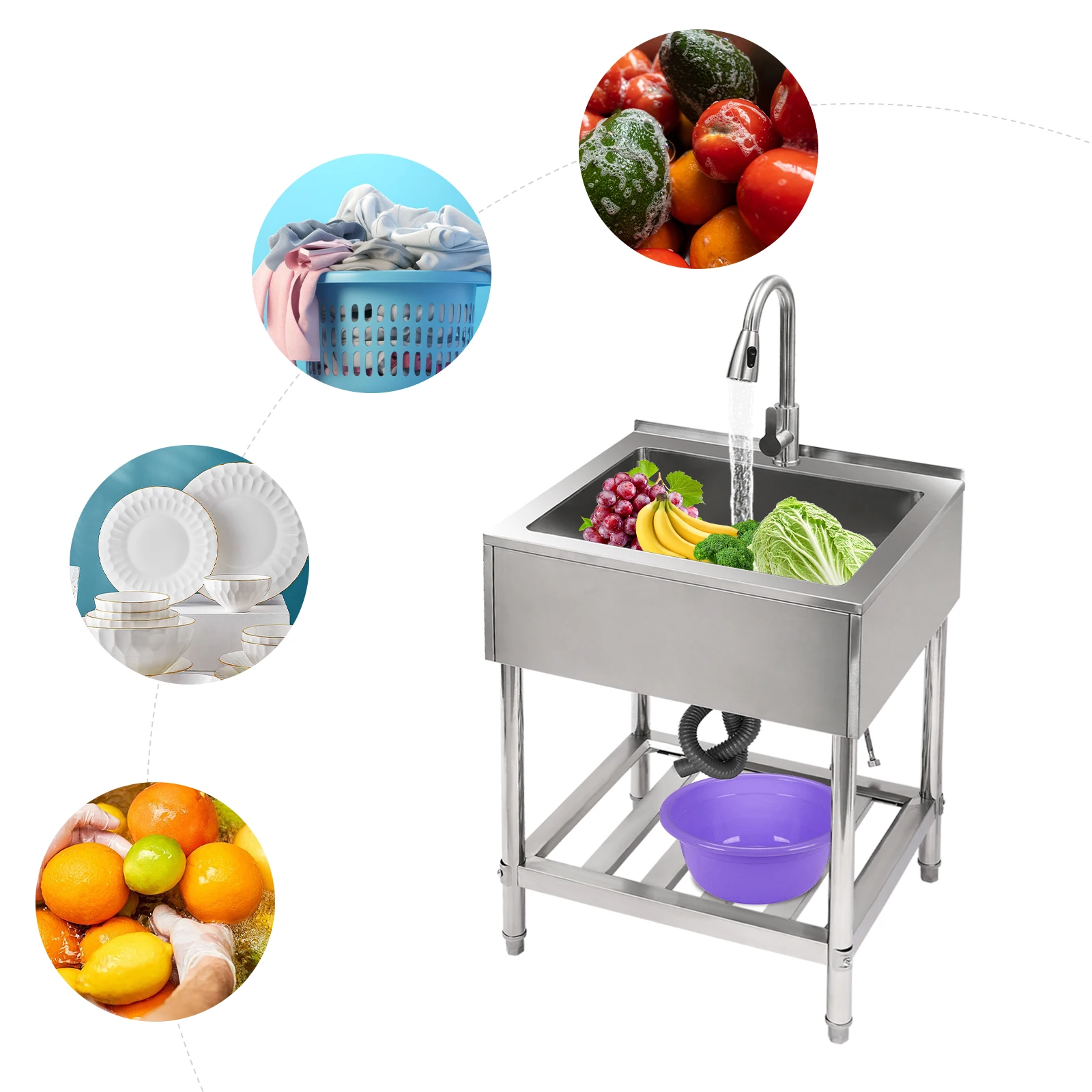 シングルボウルランドリーシンク、引き出し式蛇口付き業務用シンク、スタンド付きステンレススチールランドリーシンク、シルバーステンレススチール