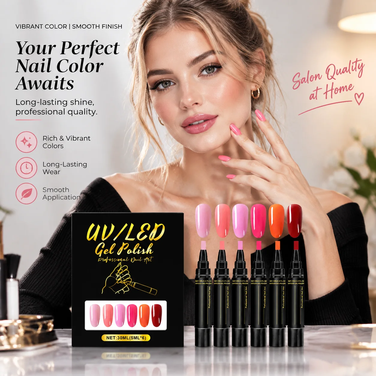 One‑step Gel Nail Polish Pen 6 Colors Application Pigmented Long‑lasting Chip‑resistant UV LED Nail Gel Pens for Salon Nail Art