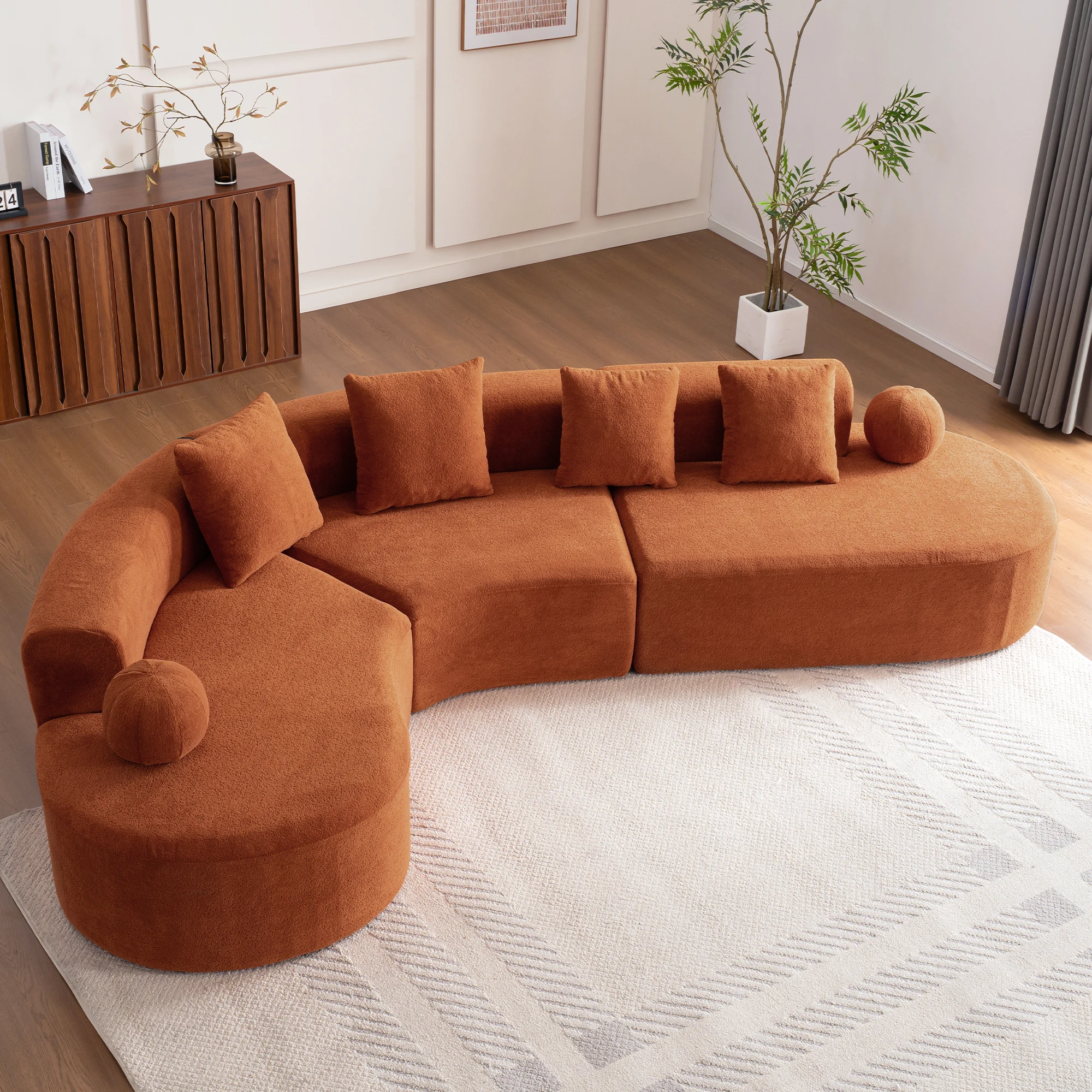 L-förmiges 5-Sitzer Knochenloses Cloud-Sofa mit 327 cm Breite 7 cm dicker Polsterung Federkern und 6 Kissen modulares Sofa ohne Montage für Wohnzimmer und große Räume Orange