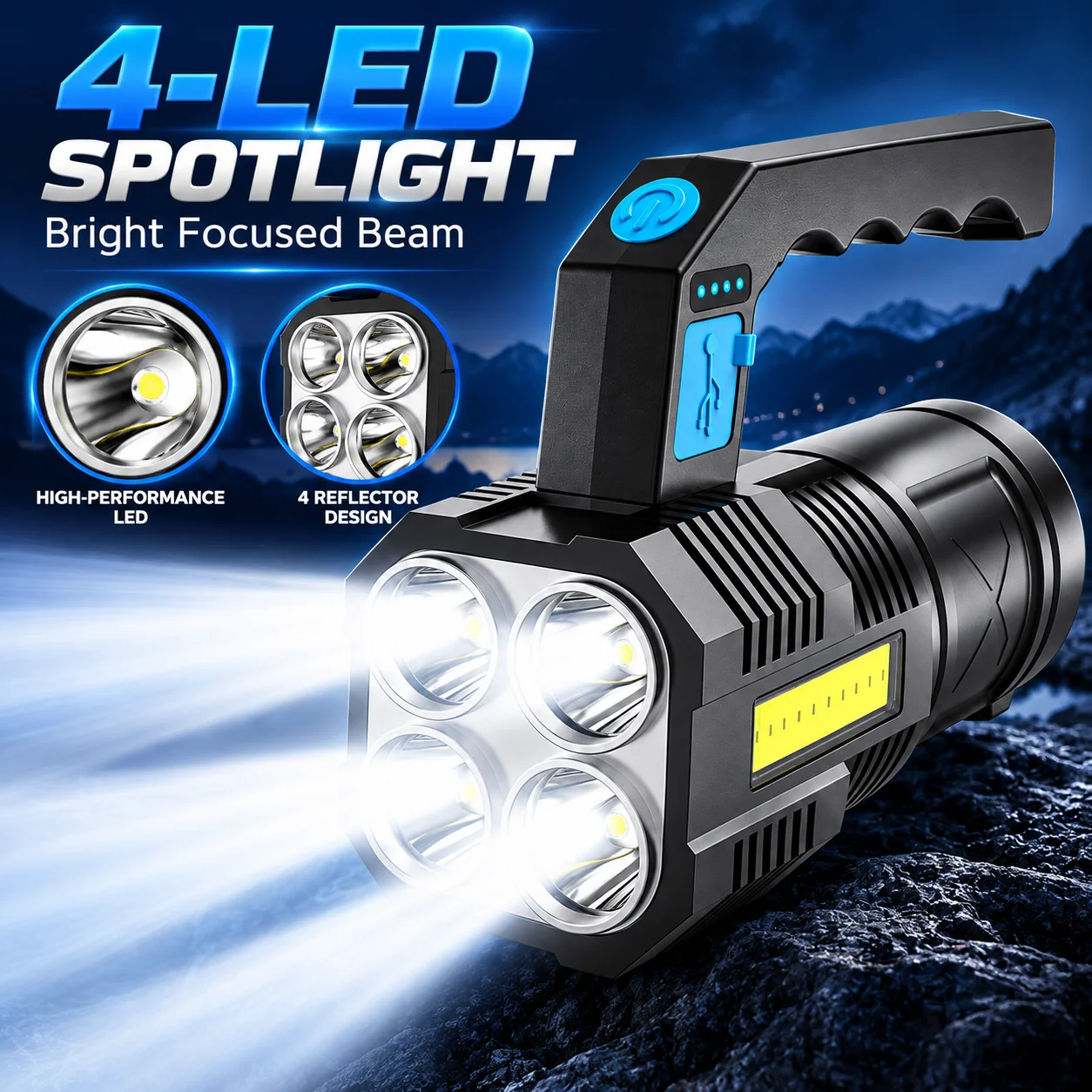 Rechargeable LED Spotlight Flashlight, 4 LED High Power Search Light with COB Side Work Light, USB Charging Portable Handheld Torch with Battery Indicator, Bright Outdoor Flashlight for Camping, Emergency, Garage, Hiking and Car Repair