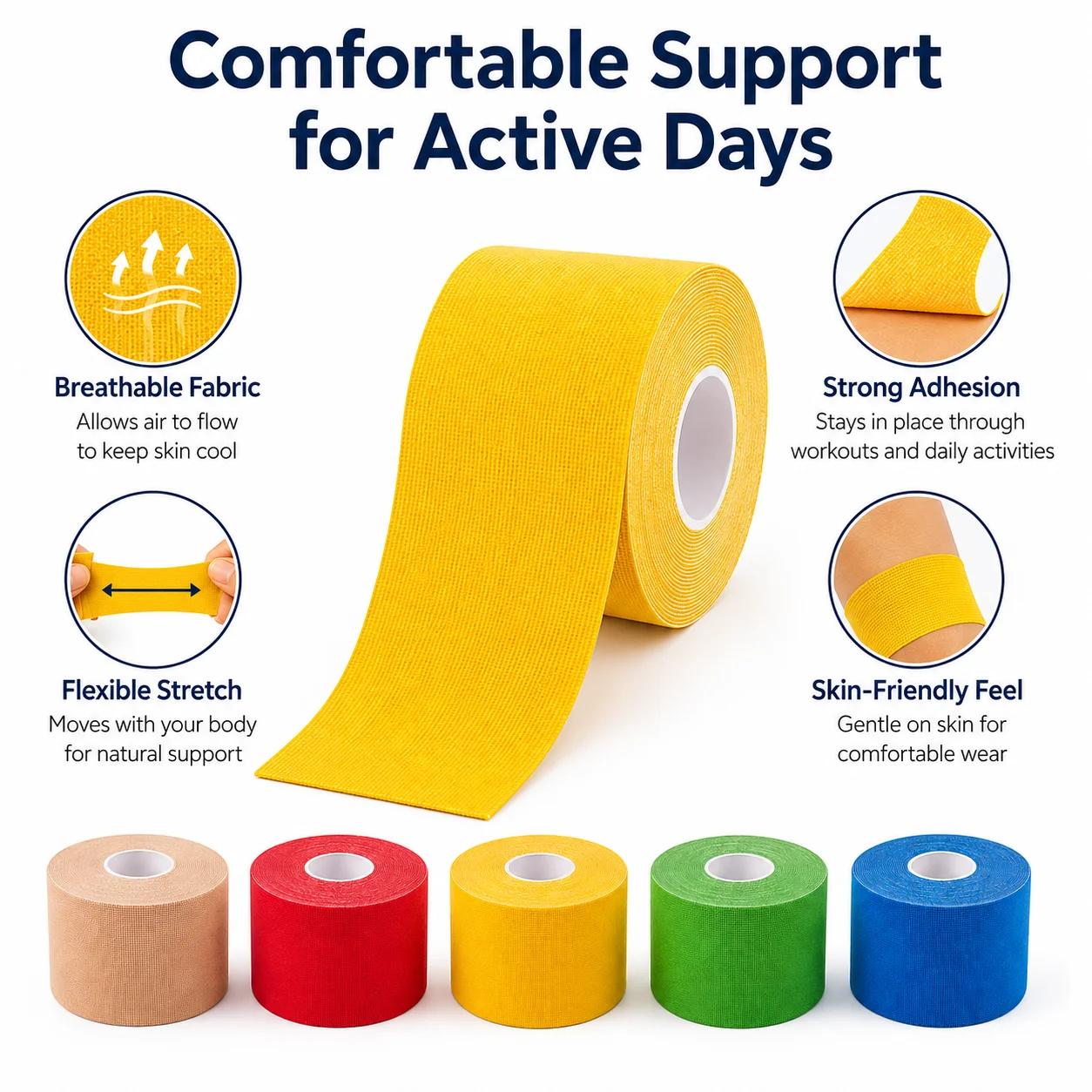 5 Pack Kinesiology Tape, Elastic Athletic Muscle Support Strips for Workout, Recovery, Joint Support and Training, Random Colors