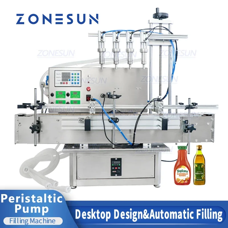 ZONESUN Automatic Four Heads Tabletop Pneumatic Fill Gel Lotion Drink Peristaltic Pump Liquid Filling Machine