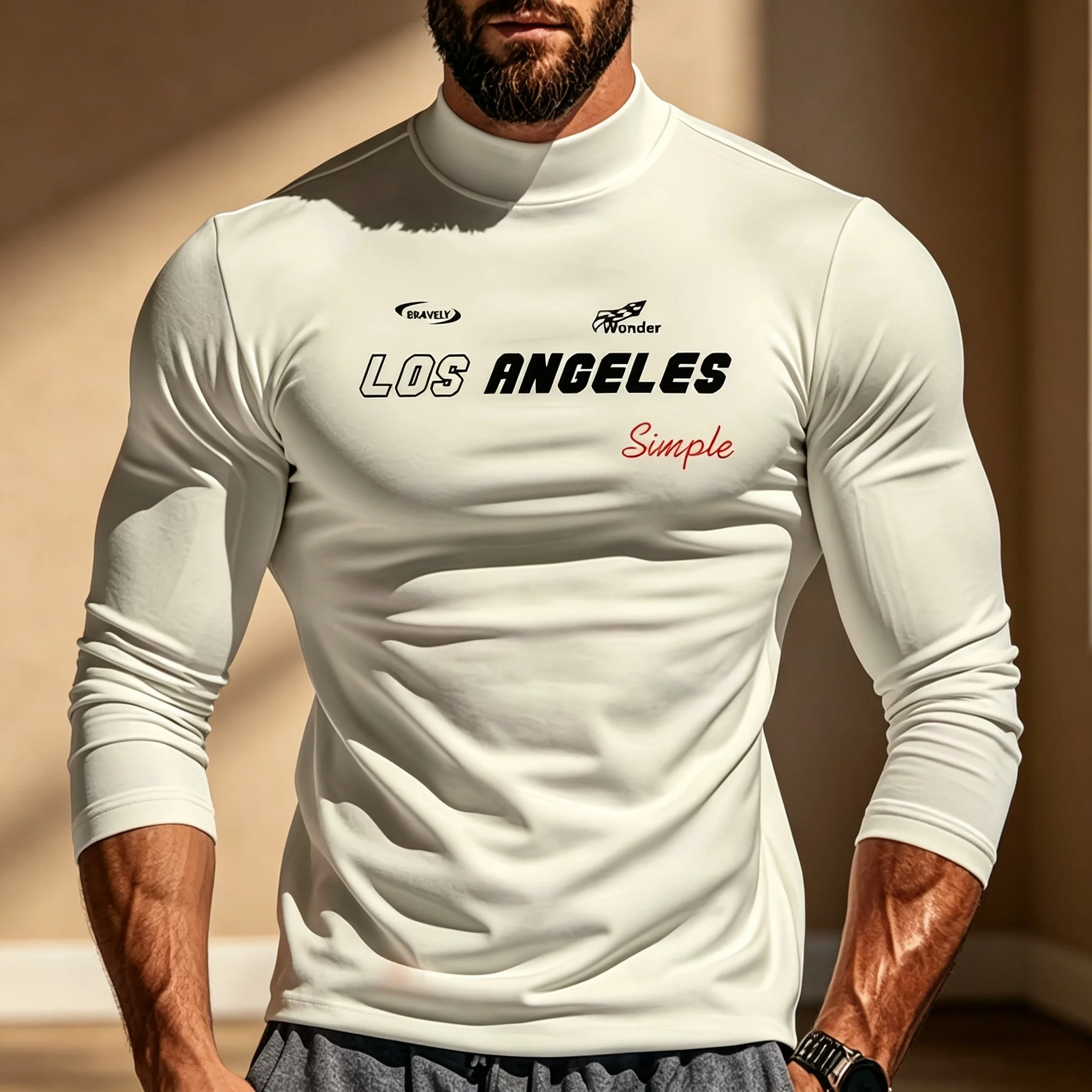 Herren Mock Neck Langarm-Thermoshirts mit Los Angeles-Schriftzug, dehnbar, eng anliegend, als Basisschicht, lässiges warmes Unterhemd für den Herbst. – Detail 8