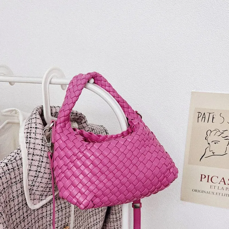 Bolso tejido de cuero PU para mujer, Mini bolso de mano de colores Macaron, bolso de vacaciones de verano, 225BZ5025