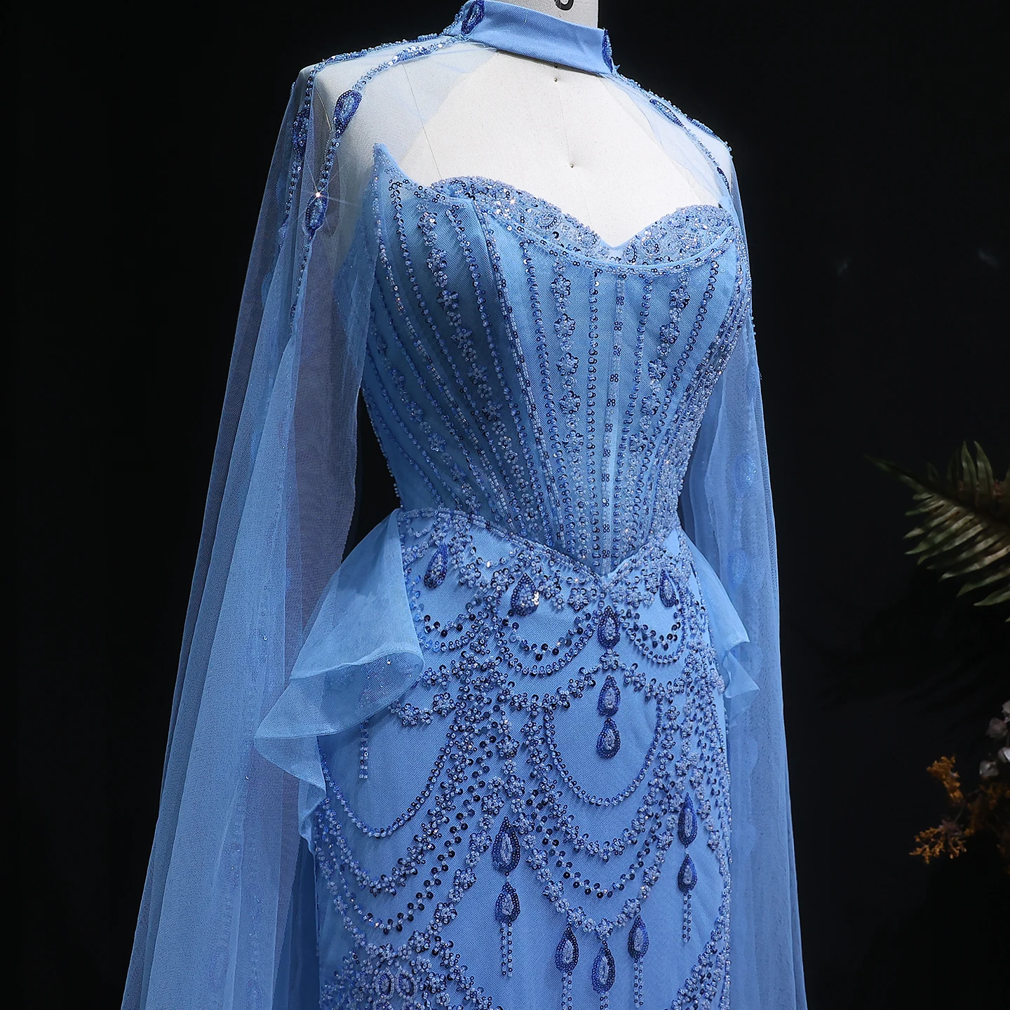 Sharon Said Luxuriöses Dubai Blaues Sweetheart-Abendkleid mit Cape-Ärmeln Arabische Damen Hochzeitsfeier Ballkleider SS092 Maßanfertigung – Detail 9