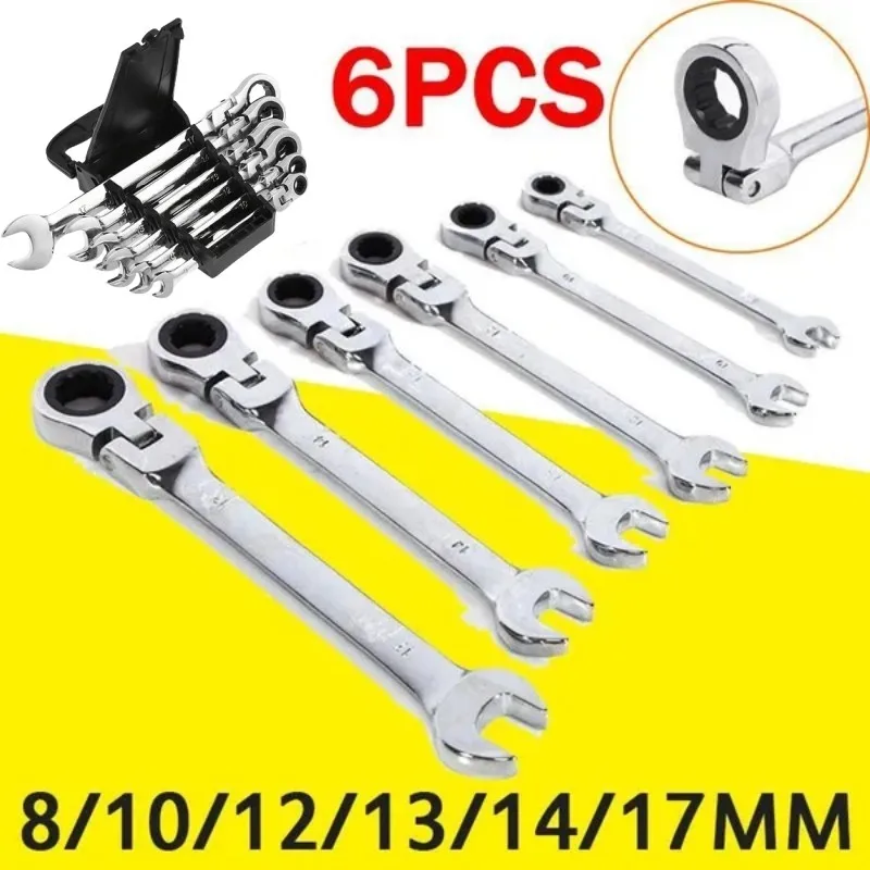 

6PCS 180° Movable Ratchet Wrench Set Live Head Dual Purpose Ratchet Hand Tool 72-Tooth Ratcheting Flexible Head Mirror Finish