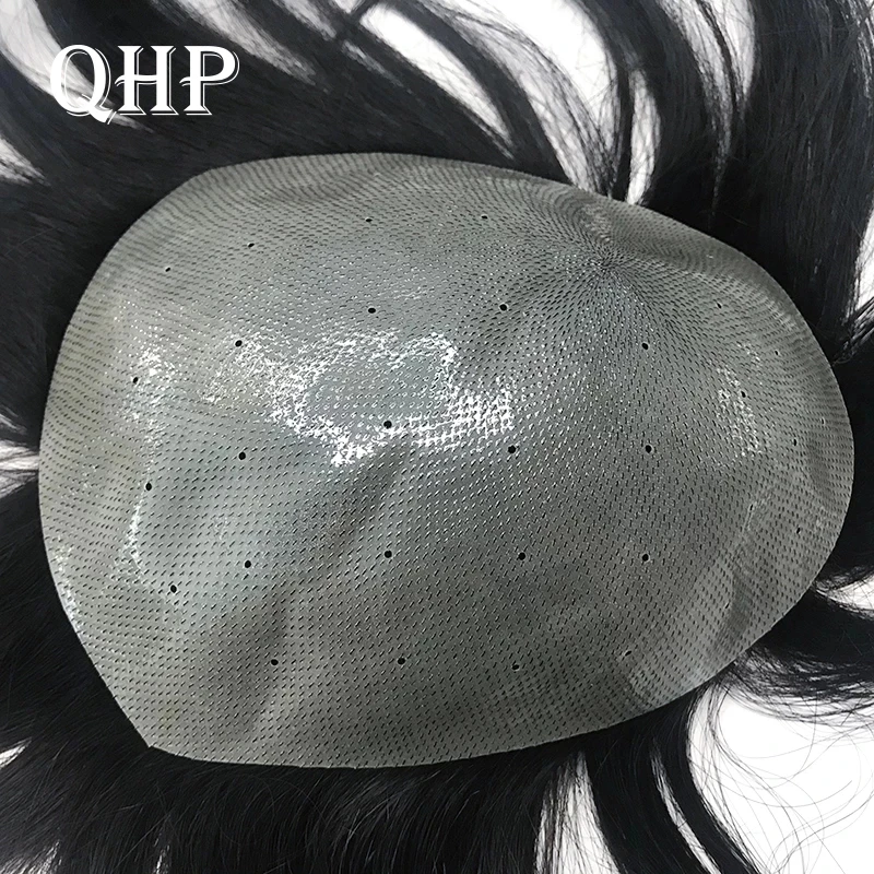 QHP Men Hair Toupee Thick Hair Capillary Prosthesis Pu Men's Wigs Breathable Male Wig 6Inch Tupee 100% Human Hair System For Man