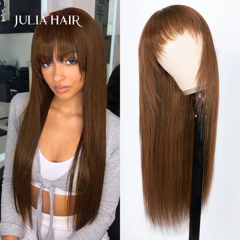 

Julia Hair Full Machine Made Silky Straight Wig Color 4 Brazilian Straight Wig With Bangs 12-28inch Pre Colored Human Hair Wigs