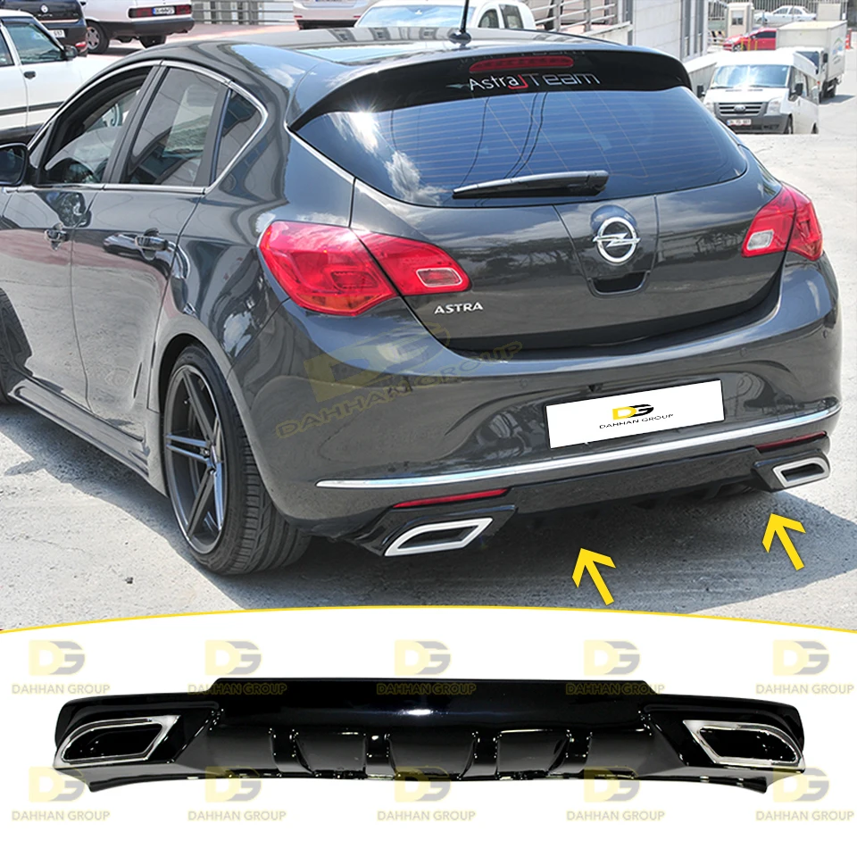 Opel Astra J 2012 - 2015 HB Sport Style Rear Diffuser Lip With 2 Chrome Tips Left and Right Piano Gloss Black Plastic OPC Kit