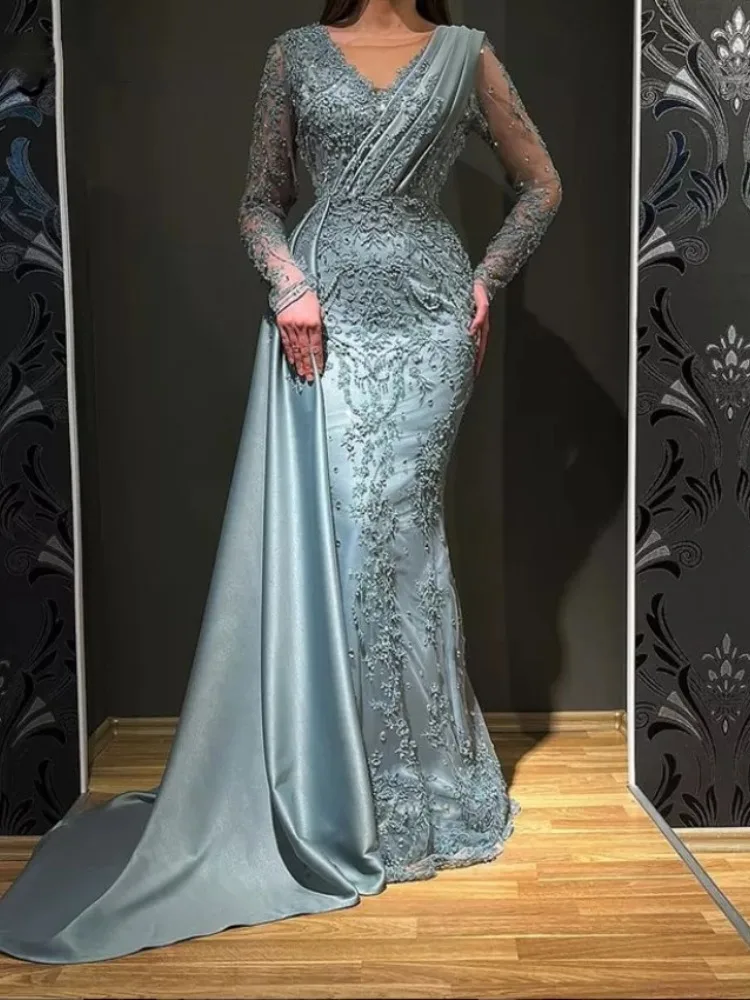 Elegante arabische Meerjungfrau Ballkleider schiere O-Ausschnitt lange Ärmel Applikationen formelle Abend party Kleider Gala Nacht Cocktail Robe