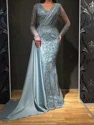 Elegant Arabic Mermaid Prom Dresses Sheer O-neck Long Sleeves Appliques Formal Evening Party Gowns Gala Night Cocktail Robe